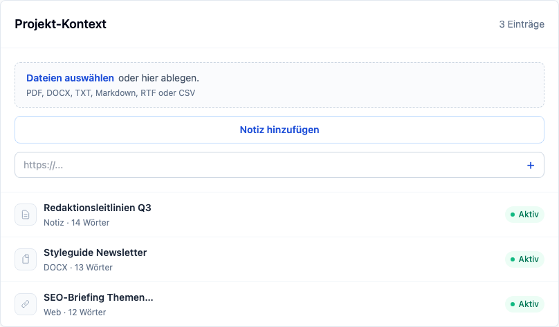 Promptly Projekt-Kontext Panel mit Dateiablage, Notizen, URL-Feld und erklärendem Hinweis.